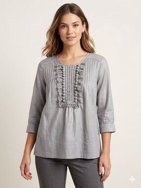 BCBGMaxAzria Grey Metallic Blouse w/ Lace & Ruffle Detail Size M